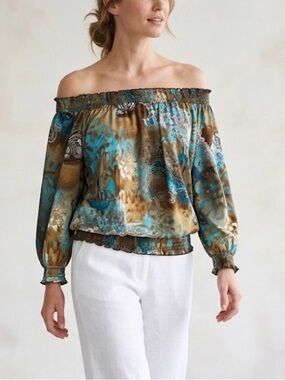 Sami & Jo Boho Satin Off Shoulder Blouse Top Women’s M Turquoise Tan Brown